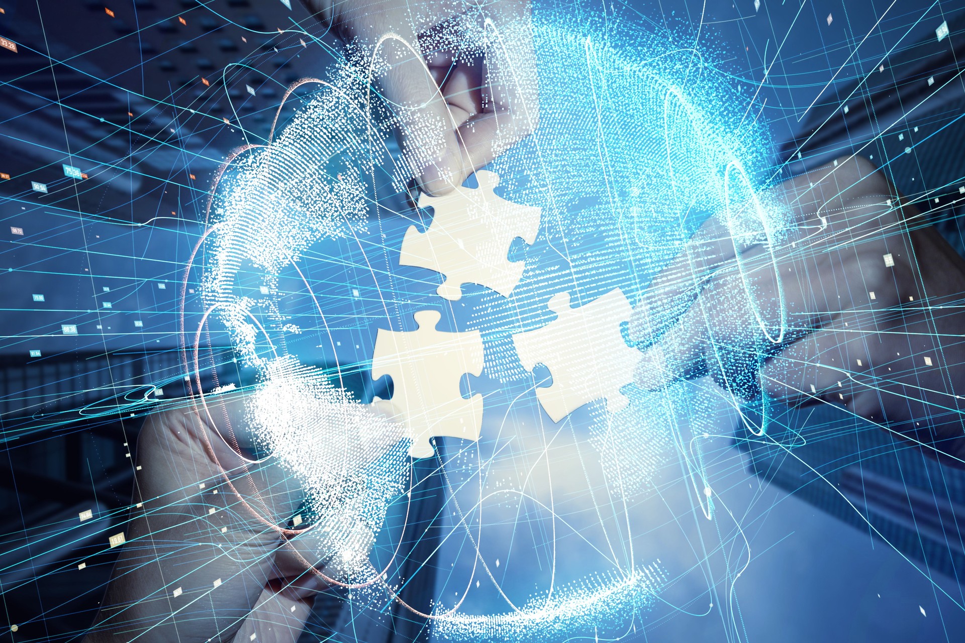 Pieces of jigsaw puzzle and global network concept.